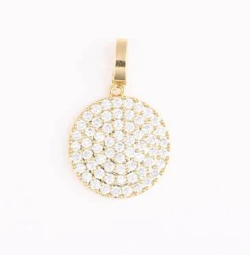 Gold coin charm with crystals, featuring a round shape.