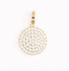 Gold coin charm with crystals, featuring a round shape.