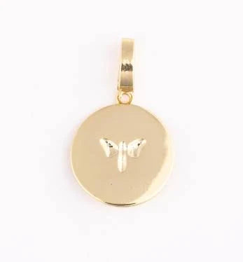 Gold coin charm with a butterfly design.