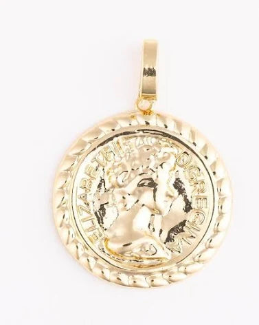 Gold coin charm by Sophie featuring a portrait of Queen Elizabeth and textured detailing.