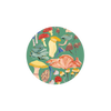 Colorful mushroom patterned coasters from Margaret Jeane, in a circular design against a green background.