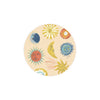 Set of round coasters with celestial designs by J. Frank Co, featuring sun and moon illustrations on a beige background.
