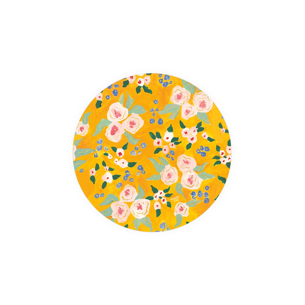Floral coasters by Margaret Teak with yellow, pink, blue, and green flowers pattern.