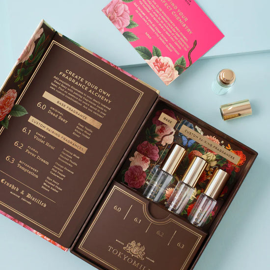 Fragrance layering kit by TokyoMilk, featuring floral packaging with visible bottles.
