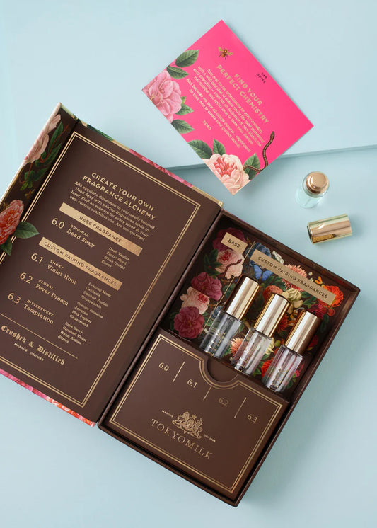 Fragrance layering kit by TokyoMilk, featuring floral packaging with visible bottles.
