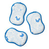 Set of three reusable sponges with blue trim and white patterned fabric with birds.
