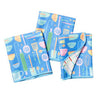 Set of three blue kitchen towels with reversible design by Once Again featuring a colorful kitchen utensil pattern.
