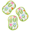 Set of three reusable sponges with green trim and tulip pattern