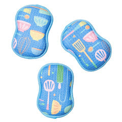 Set of three reusable sponges with light blue kitchen utensil print.
