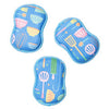 Set of three reusable sponges with light blue kitchen utensil print.
