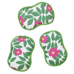 Set of three reusable sponges with floral pattern on white background.
