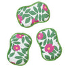 Set of three reusable sponges with floral pattern on white background.
