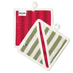 Set of two pot holders by Once Again, one red with white accents and the other green striped with a red accent.
