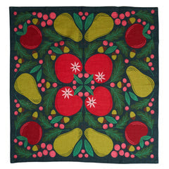Kitchen towel with a heritage design from Danica featuring an apple and pear motif on a dark green background.
