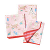 Set of three pink mini towels, reversible by Once Again, with dog-themed patterns and red striped borders.
