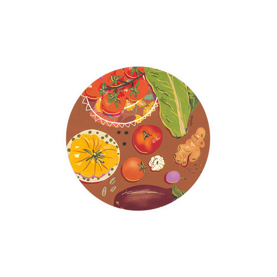 Round brown Seedlings Coasters with vegetables and herbs.
