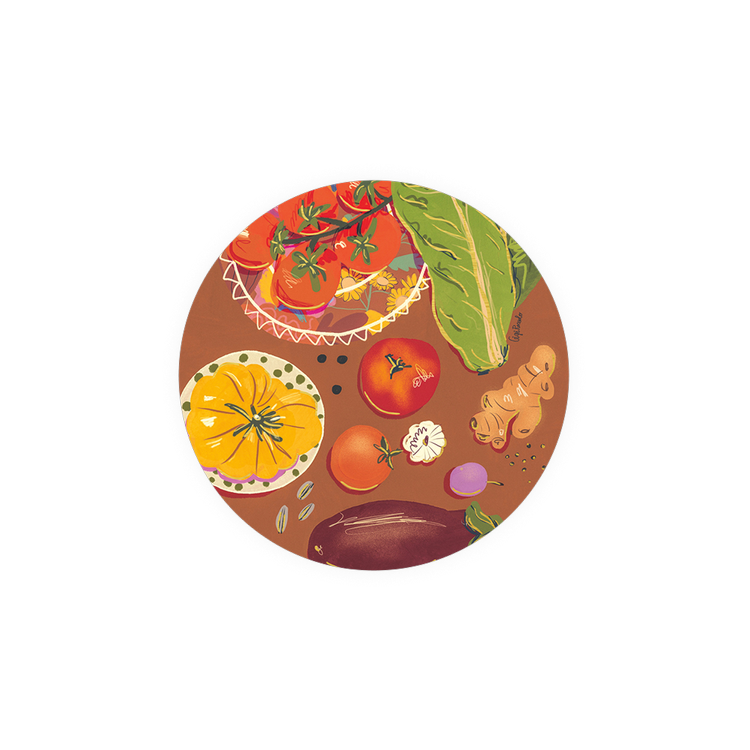 Round brown Seedlings Coasters with vegetables and herbs.