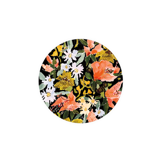 Floral coasters from Seedlings featuring white and orange flowers and dark green leaves.
