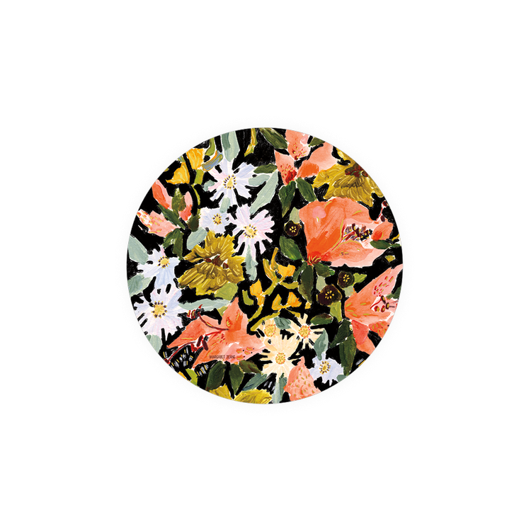 Floral coasters from Seedlings featuring white and orange flowers and dark green leaves.
