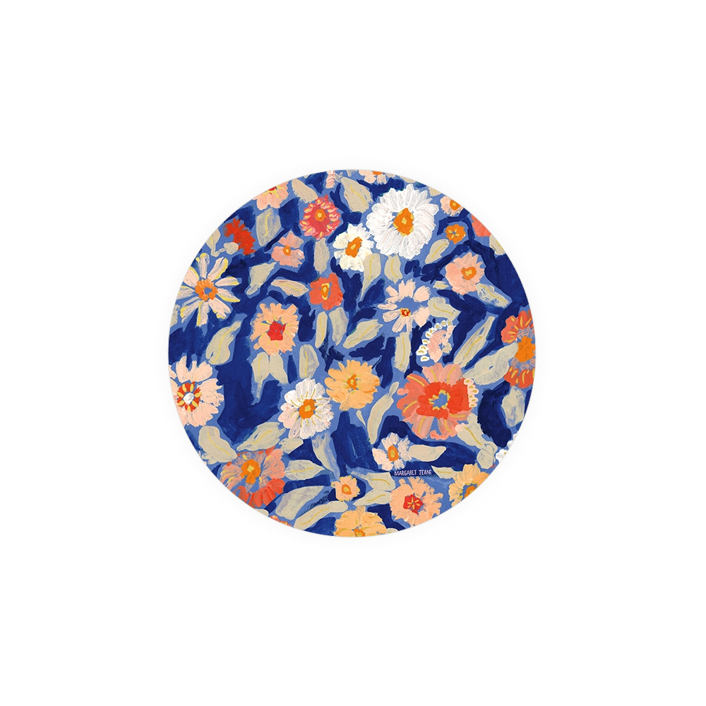 Floral coasters by Margaret Jeane, with a botanical design featuring multicolored blossoms and leaves.
