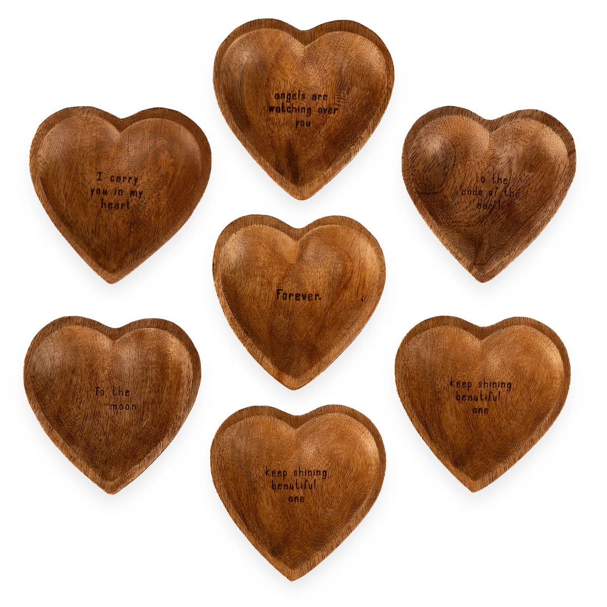 Wood carved trinket trays with laser-etched text, arranged in a circle on a white background.