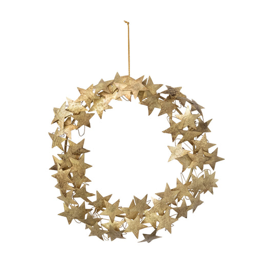 13" Round Embossed Metal Stars Wreath, Gold Finish