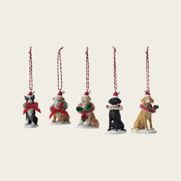 Resin Dog Ornament with Bottle Brush Wreath, 5 Styles