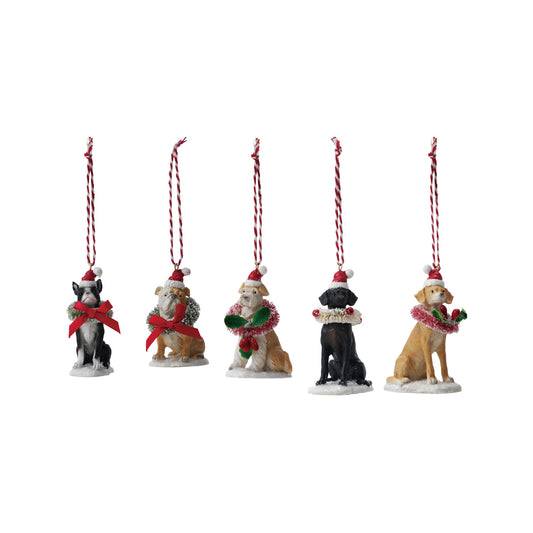 Resin Dog Ornament with Bottle Brush Wreath, 5 Styles