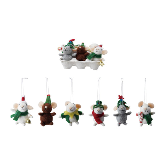 Handmade Wool Felt Mice Ornaments in Egg Crate, Set of 6