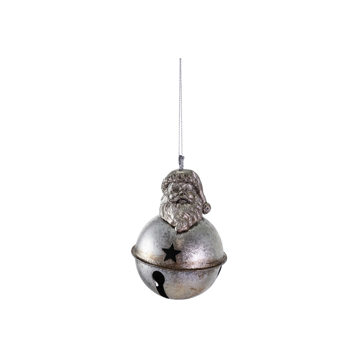 Metal Bell Ornament with Santa Head & Star Cut-Outs