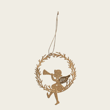 Metal Angel Sitting on Wreath with Trumpet Ornament, Gold Finish