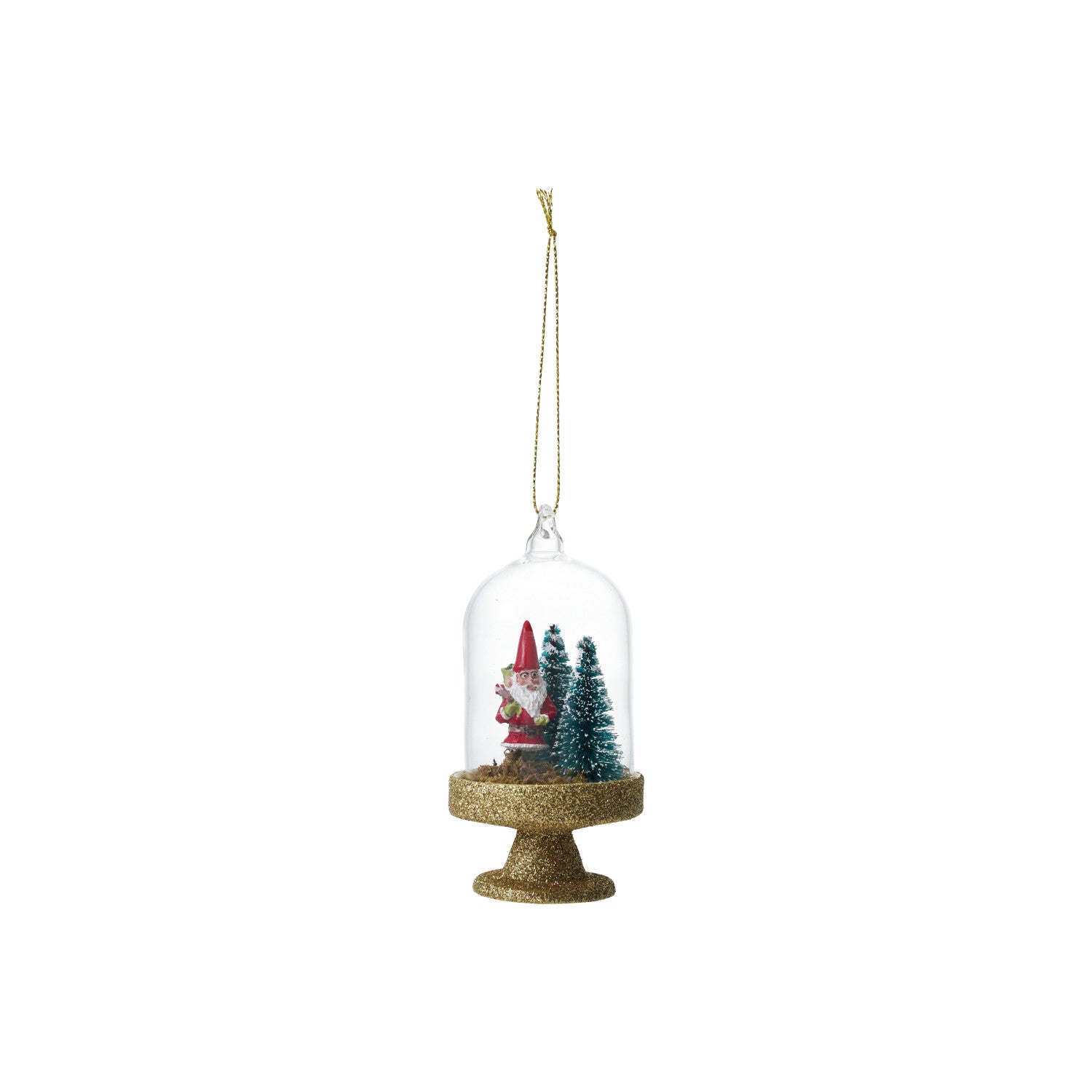 3-3/4"H Glass Cloche Ornament with Glitter, Resin Gnome & Trees