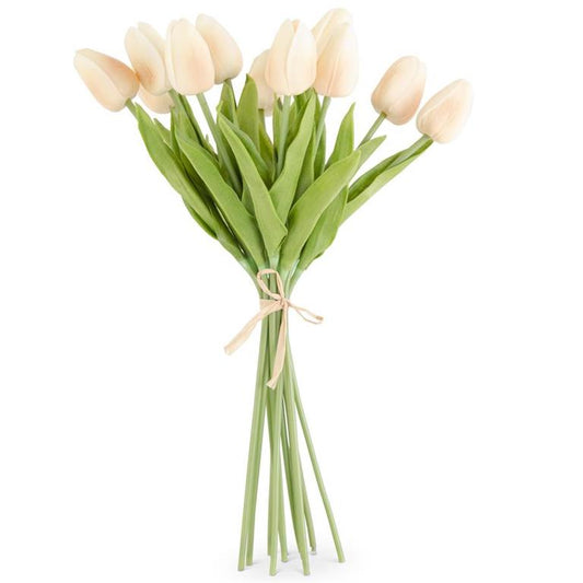 Artificial cream-colored tulip bundle by Nearly Natural with green leaves and tied with raffia ribbon.
