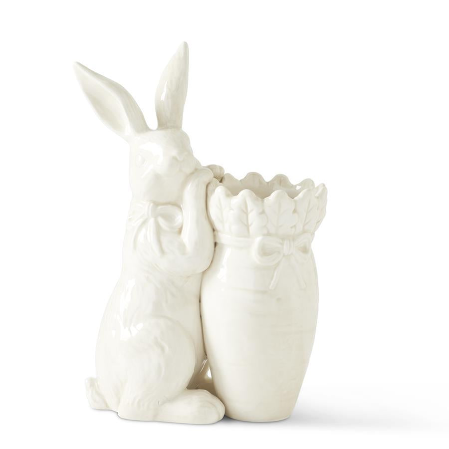 9" Antiqued White Dolomite Carrot Vase with Rabbit