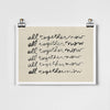 "All Together Now" wall art print with repeated hand-lettered text, held by black binder clips.