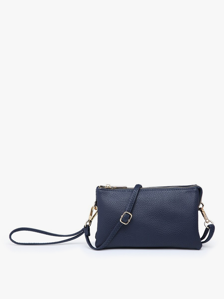 Navy crossbody wristlet by an unknown brand with gold-toned hardware and pebbled texture.