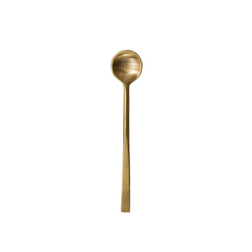 Brass spoon by Bloomingville, with a straight narrow handle and circular, cupped head.