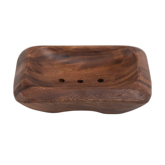 Acacia wood soap dish with drainage holes, by acaciaware, on a white background.