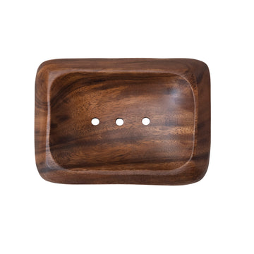 Acacia wood soap dish with drainage holes, from [Vendor Name], shown on a white background.