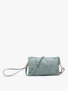 Teal crossbody wristlet with gold hardware.
